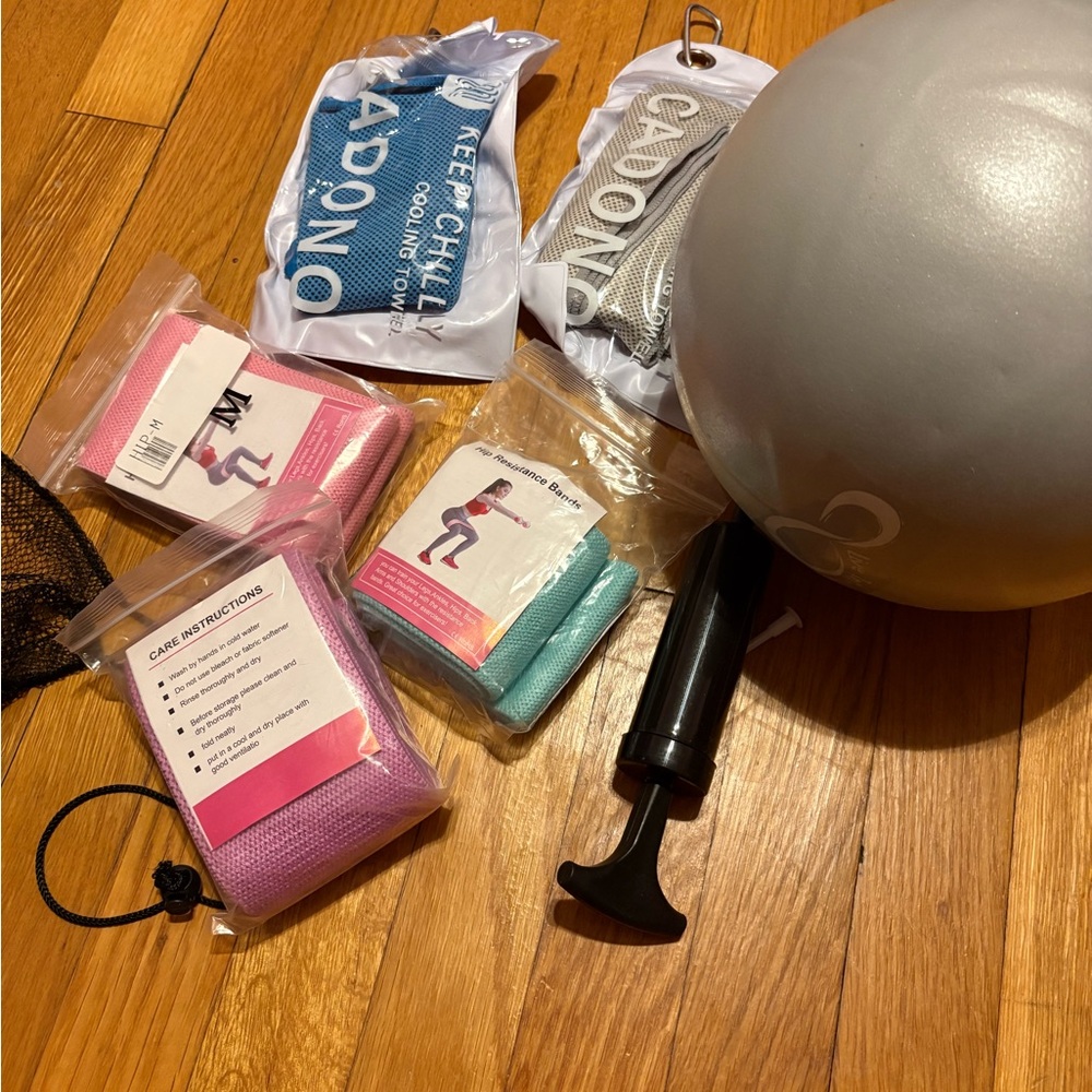 Little yoga /exercise kit. Medicine ball, resistance bands
